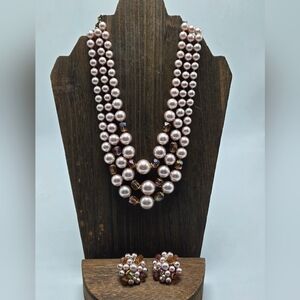 60's Japan Beaded Necklace Earring Set Triple Strand AB Beads Faux Pearls Demi